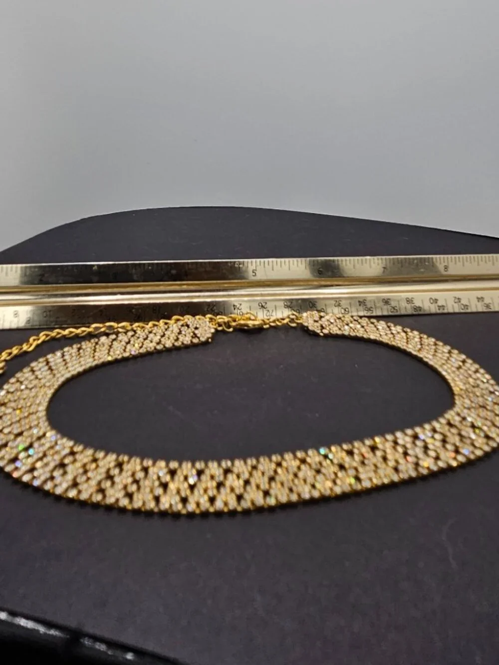 Vintage Gold Tone Mesh & Rhinestone Collar Choker Necklace